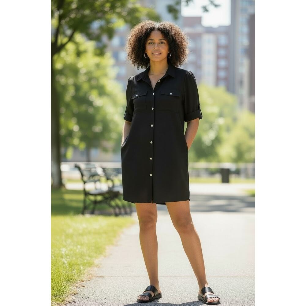 Gretchen Scott Designs sz large puff sleeve button front black dress